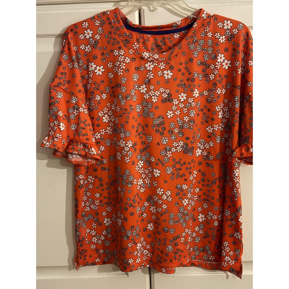 Cuddl‎ Duds Womens Large Orange Daisy Floral Ruffle Sleeve Crew Neck Top Shirt L